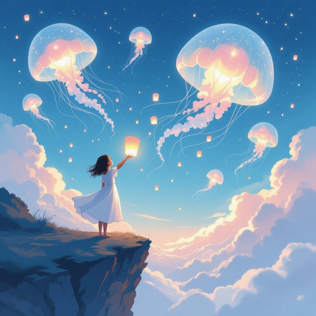 Ethereal Lantern Release Under Jellyfish Sky