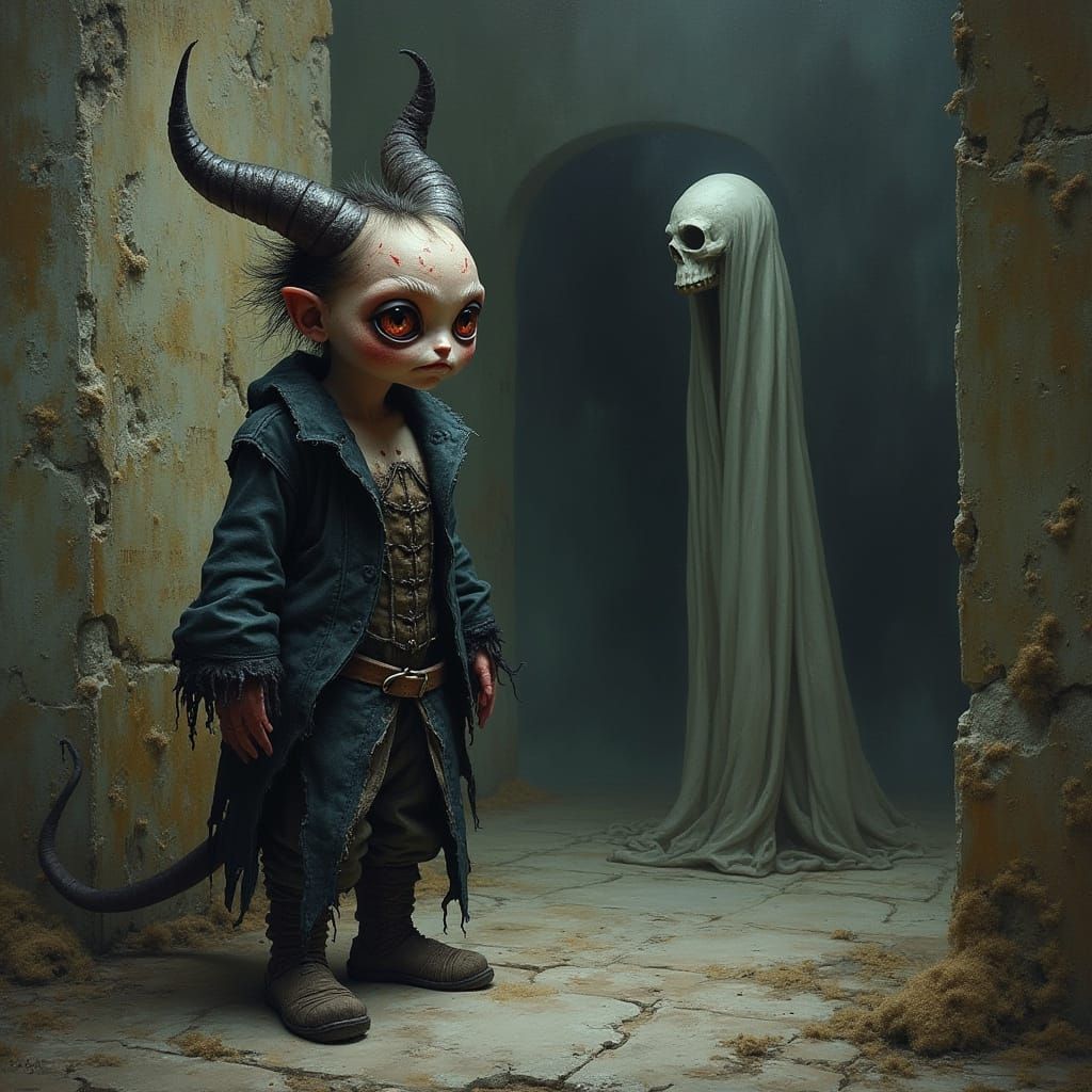 Close up view, oil, painting, of a cute but demonic Gothic a...