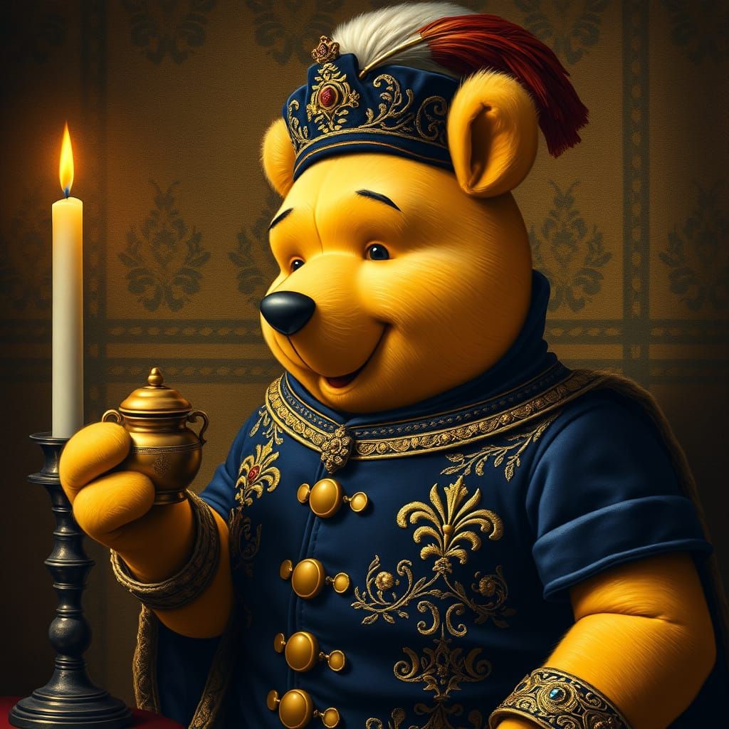 Regal Winnie the Pooh in Velvet Doublet with Golden Embroide...