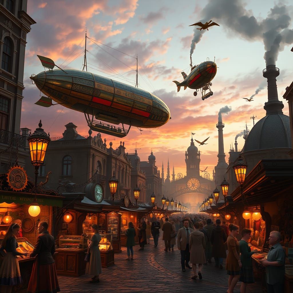 Steampunk Metropolis at Dusk: A Vibrant Marketplace