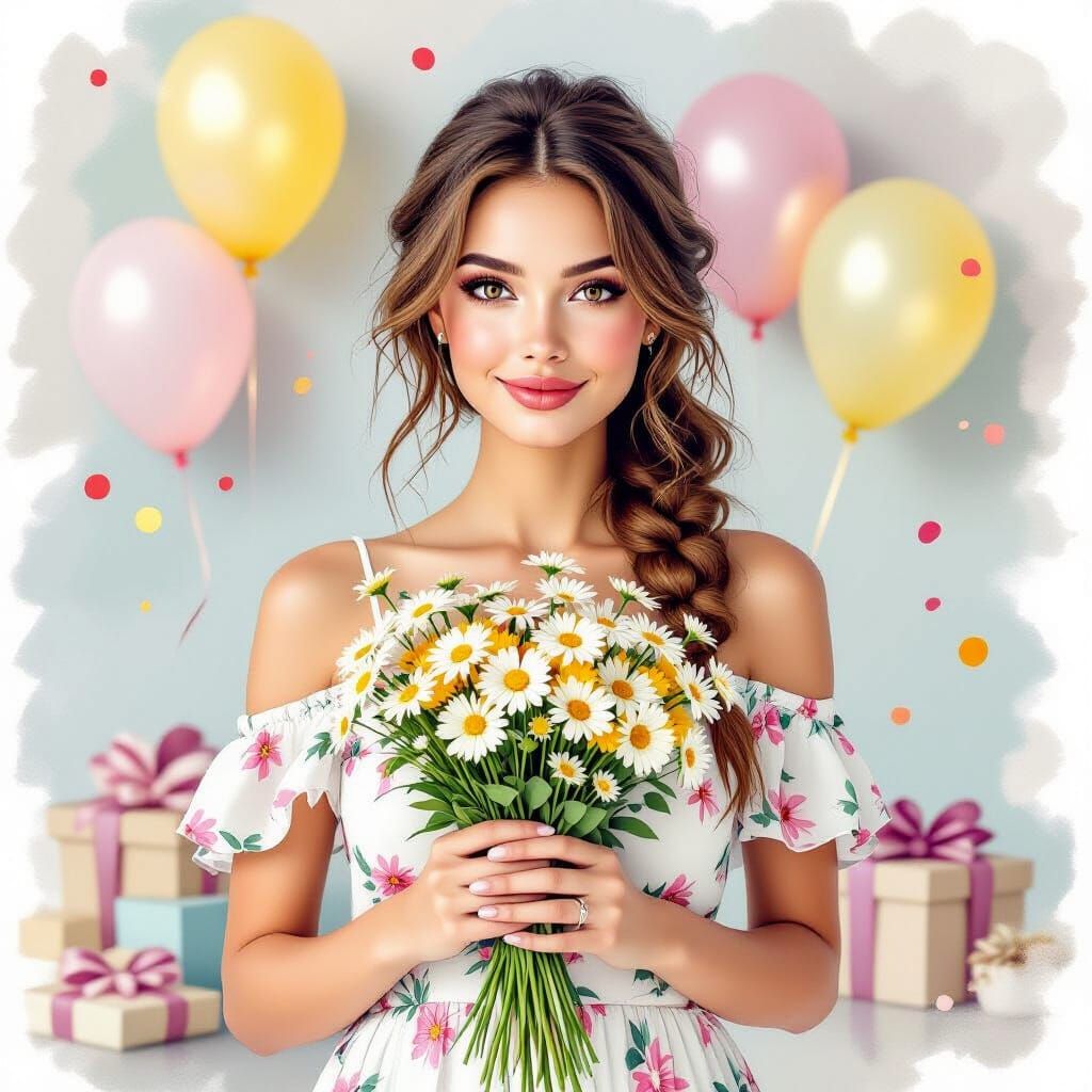 Watercolor Portrait of Russian Woman with Daisies