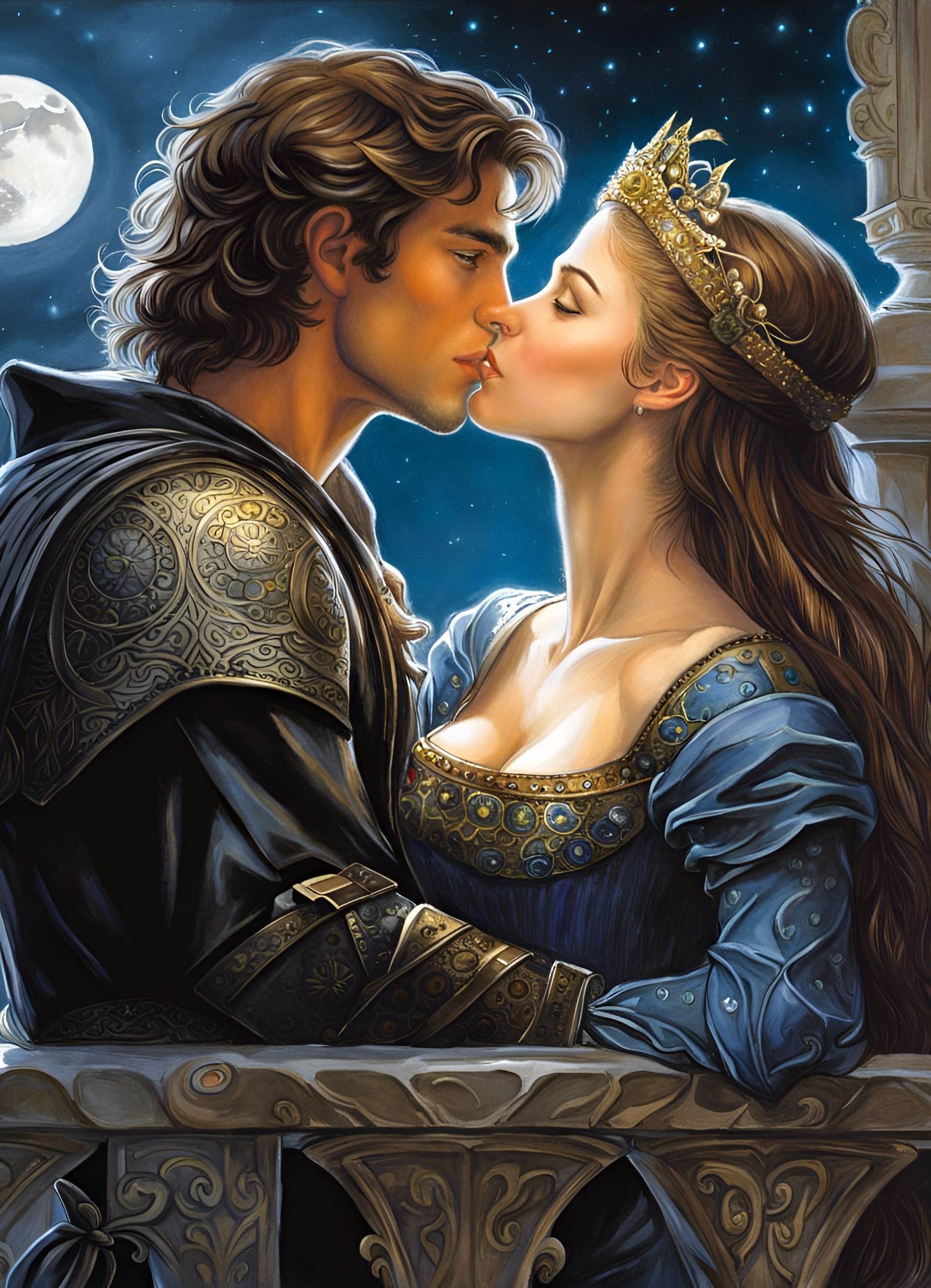 Medieval Rogue and Princess Balcony Kiss, Alan Lee Style