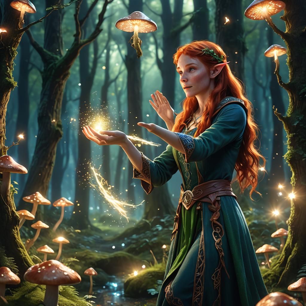 Redhead Elf Mage Casting Spell in Enchanted Forest