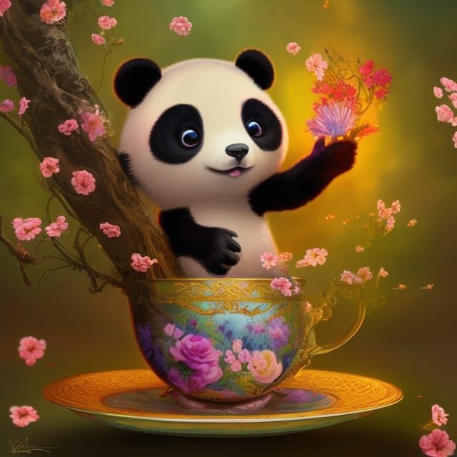Panda Cub in Teacup: Detailed Digital Painting