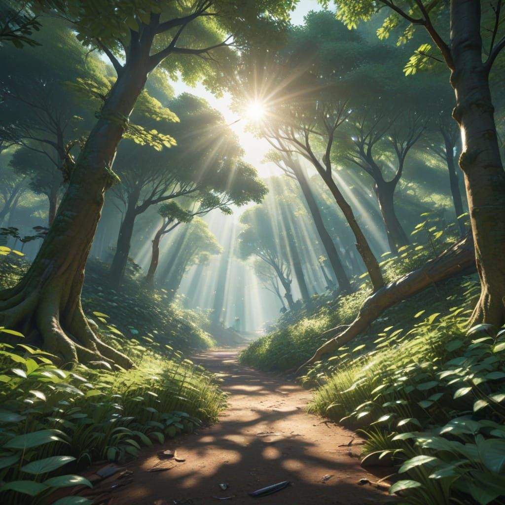 Serene Forest Scene in Hyper-Realistic 3D Anime Style