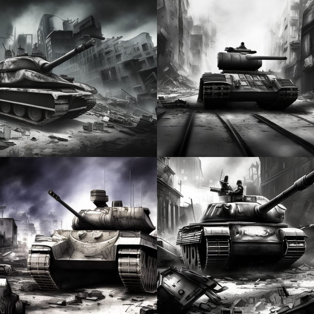 Tank in Destroyed City: Hyperrealistic Black and White Art