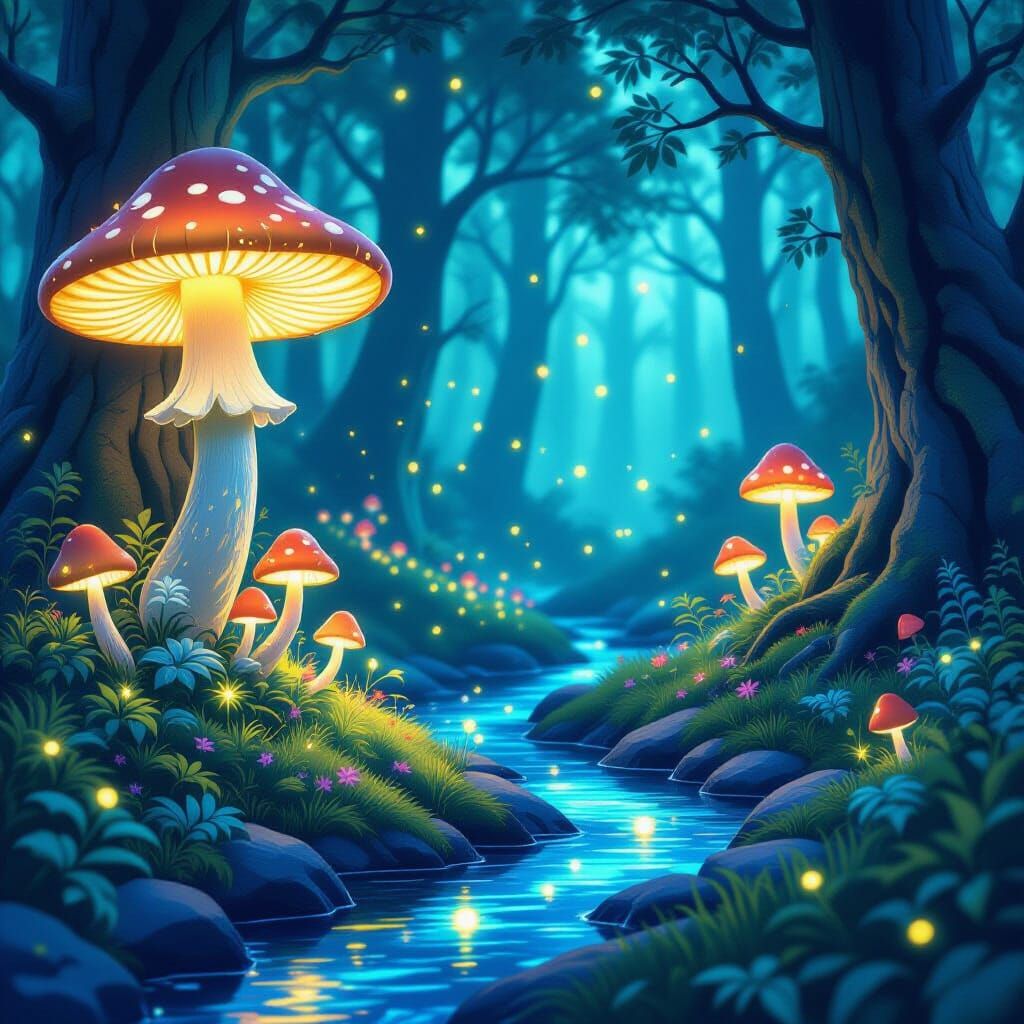 Ethereal Forest Fantasy Illustration with Glowing Mushrooms