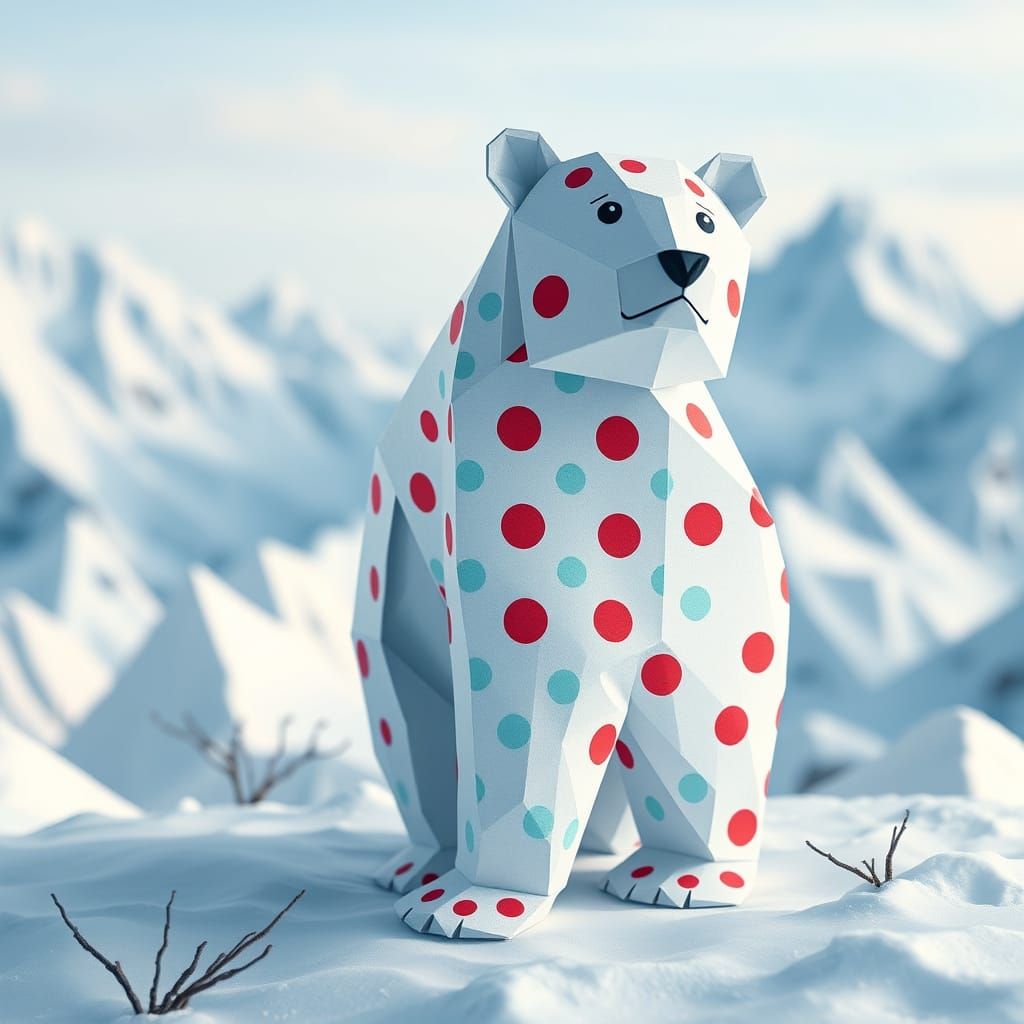Polka Dot Origami Polar Bear in Snowy Landscape