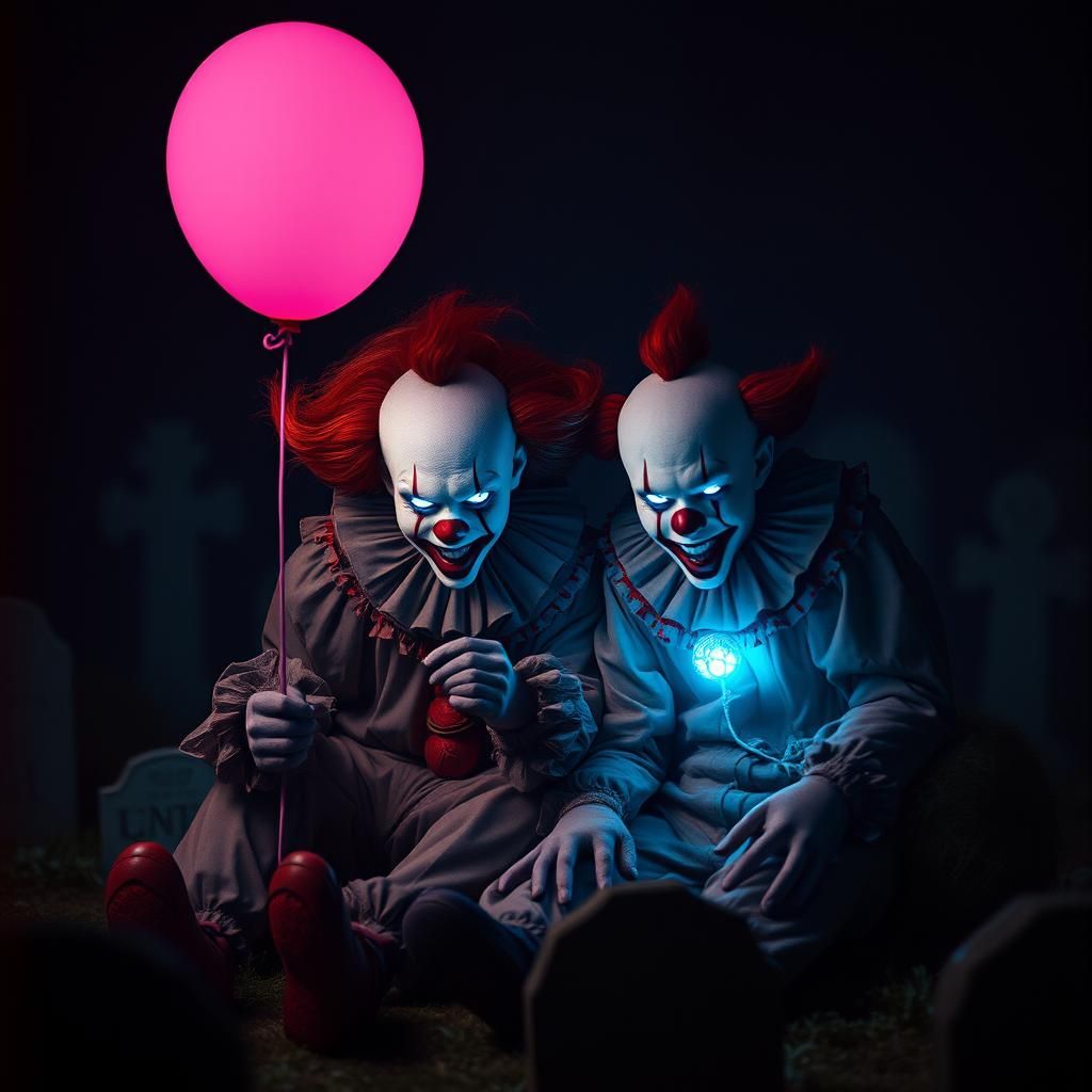 Scary Clowns in Graveyard with Pink Balloon
