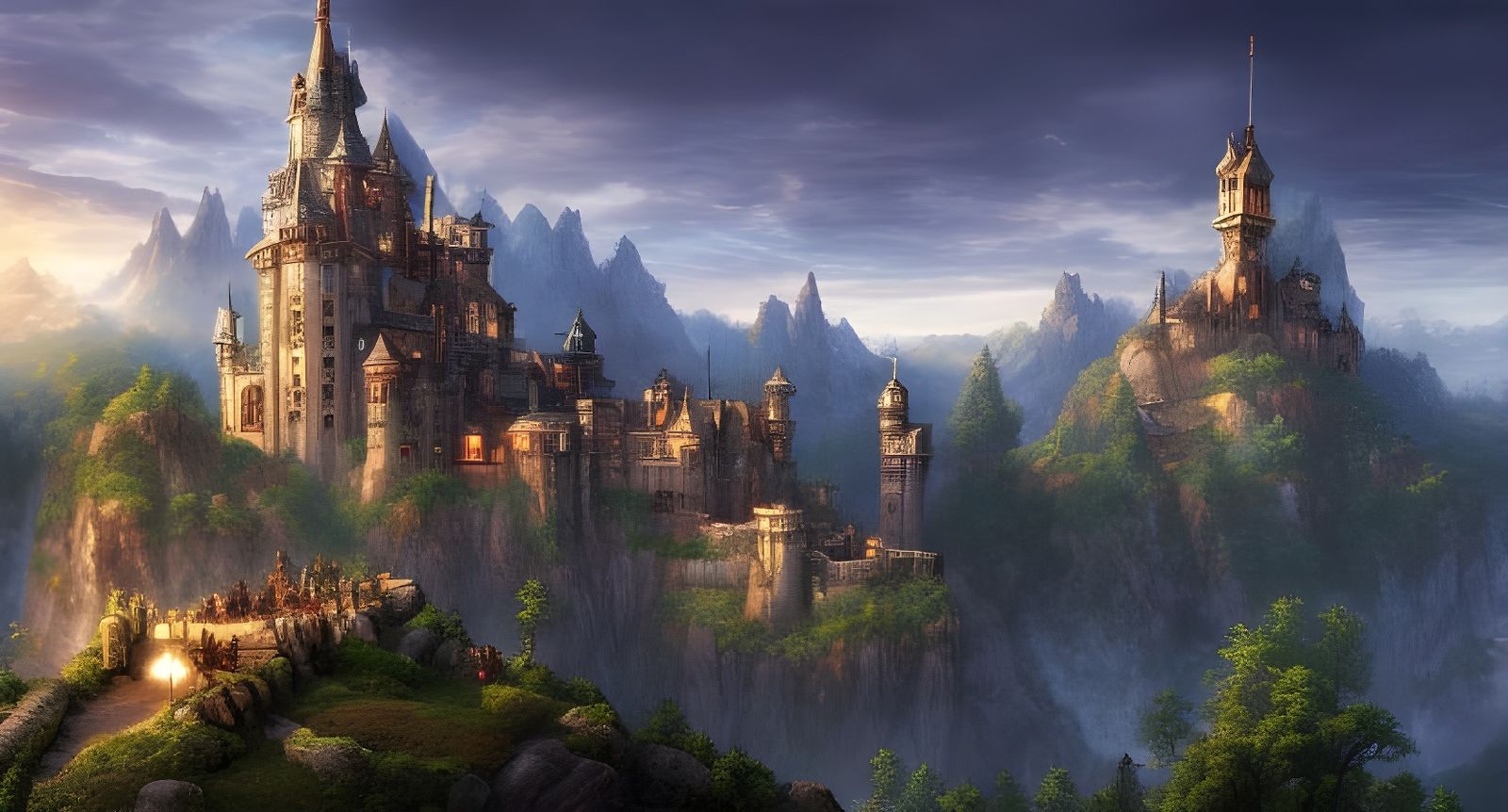 Magnificent Medieval Castle on Mountain, Fantasy Concept Art