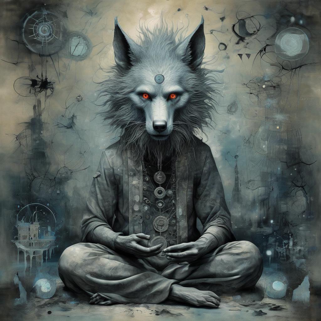 Surreal Werewolf Namaste in Mixed Artistic Styles