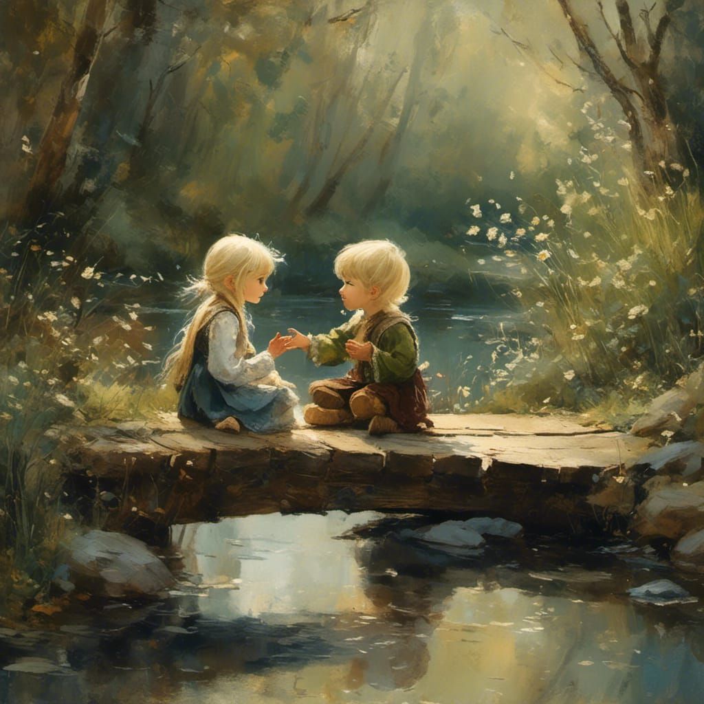 Two Elven Children Chat by Quiet Stream
