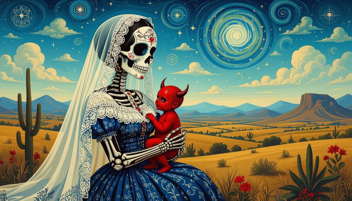 La Catrina with Devil Baby in Surreal Mexican Landscape