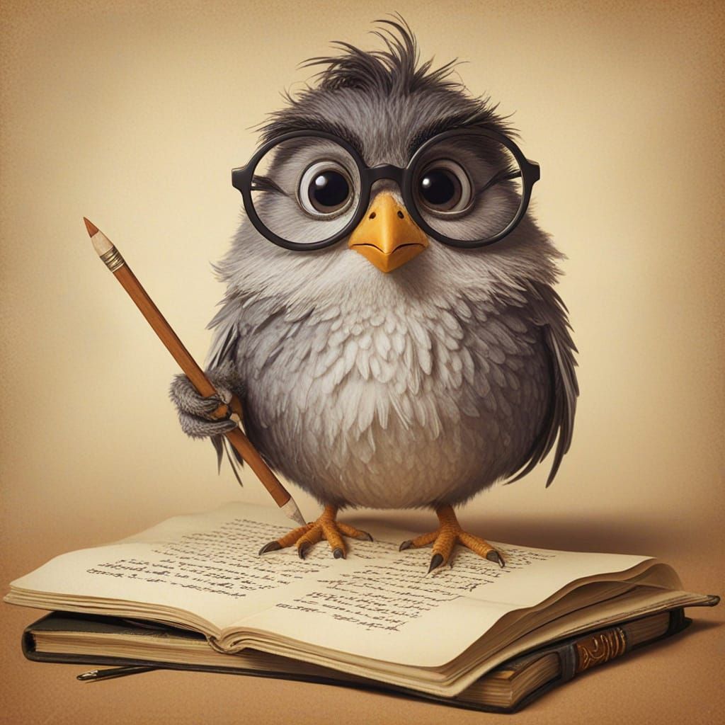 Whimsical Bird Scholar Writes List With Pencil