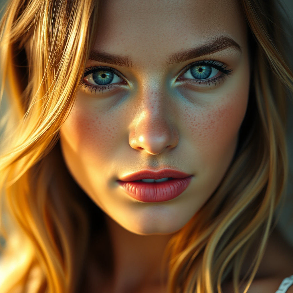 Ethereal Woman with Freckles in Pre-Raphaelite Style