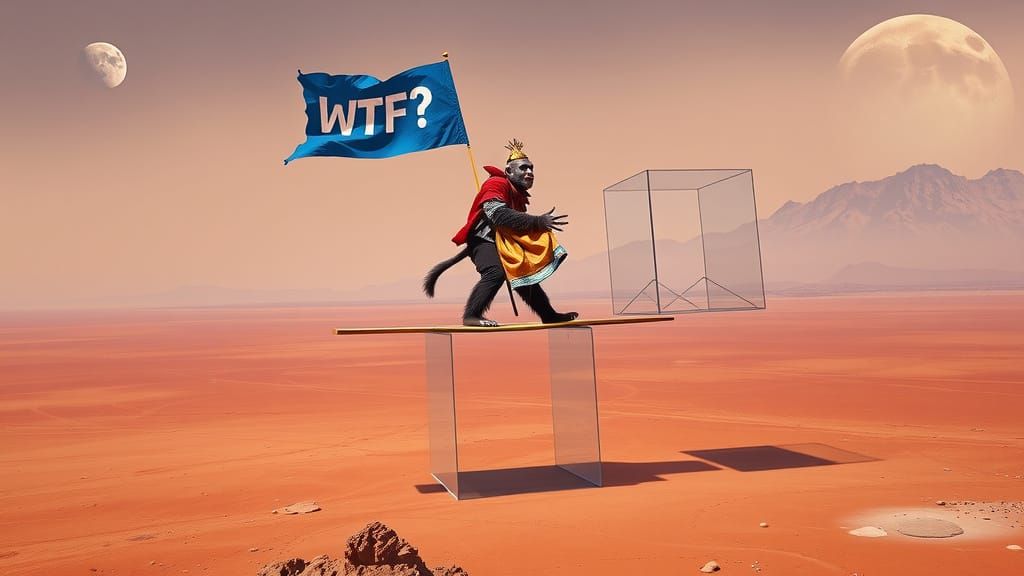 Surreal Zombie Monkey Clown Rides Hobby-Horse on Martian Pla...