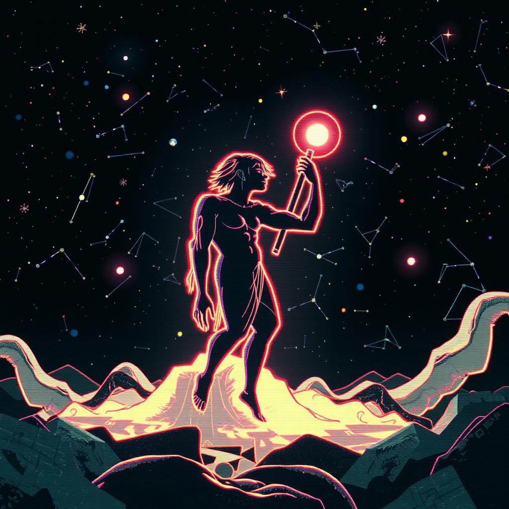 Indigo Glitch: Abstract Constellation in Maximalist Style