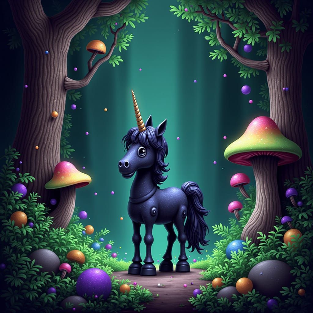Mystical Black Unicorn in Primeval Forest, Pop Art Style