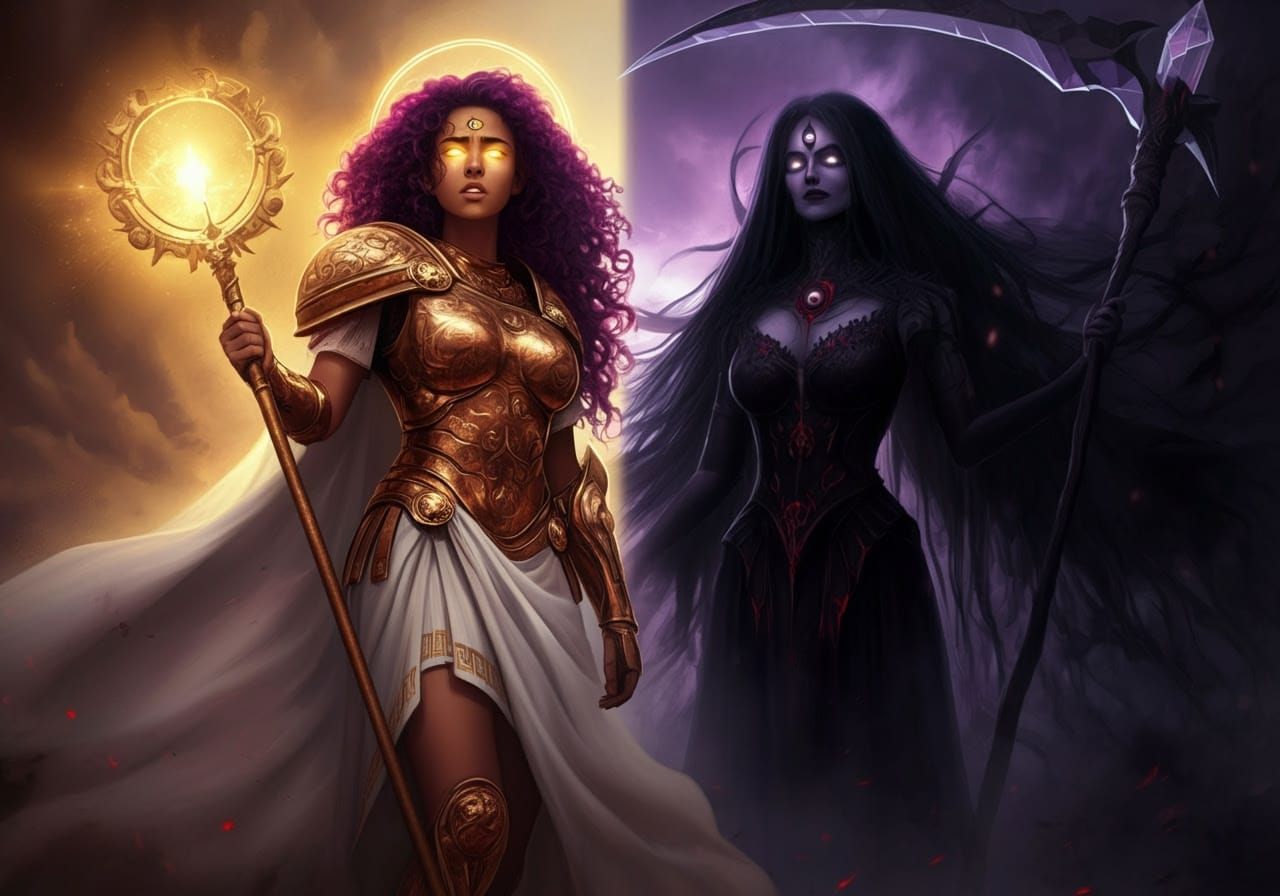 A greek cleric holding her staff standing against Lutheria, ...