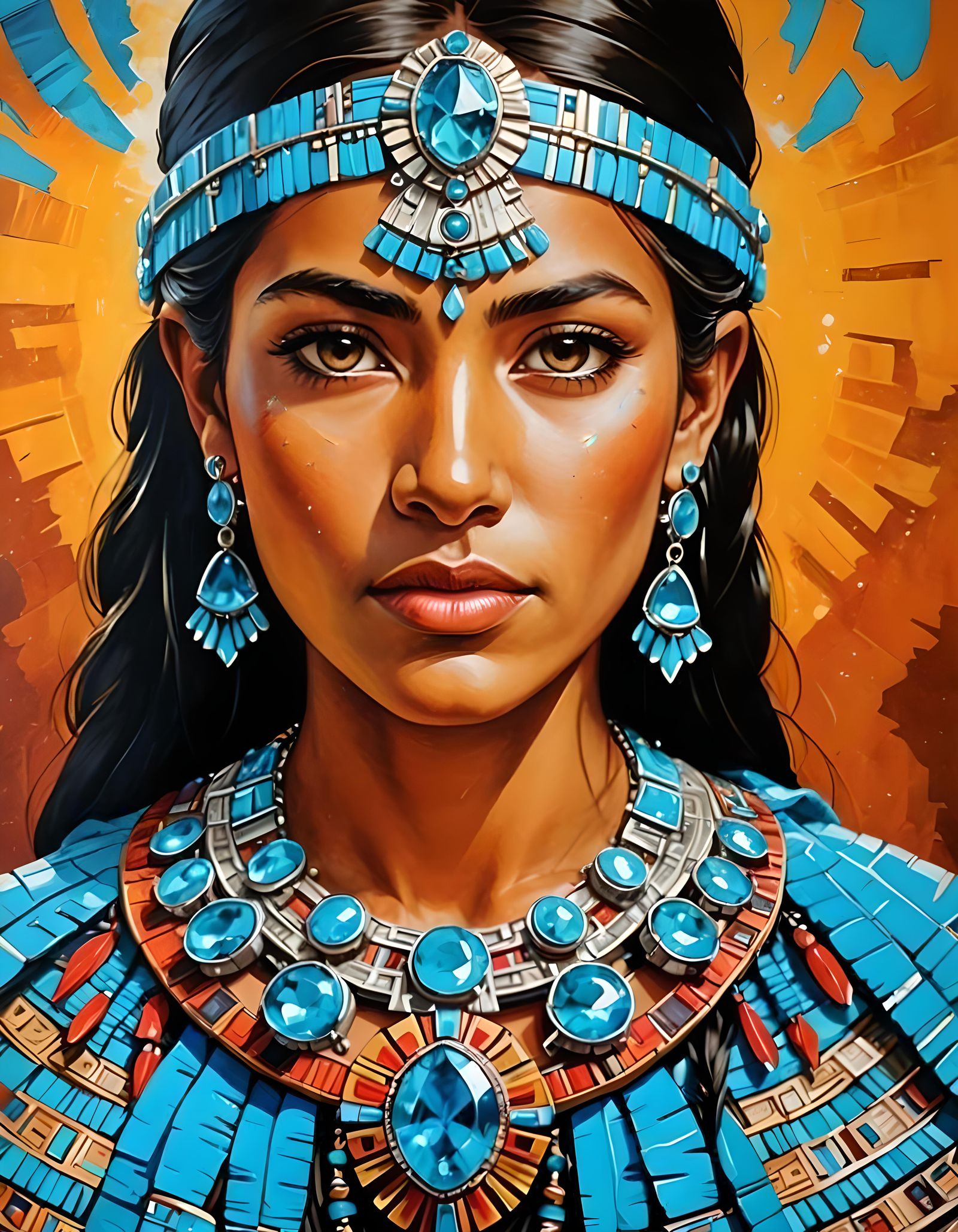 Aztec Princess Portrait with Turquoise Necklace