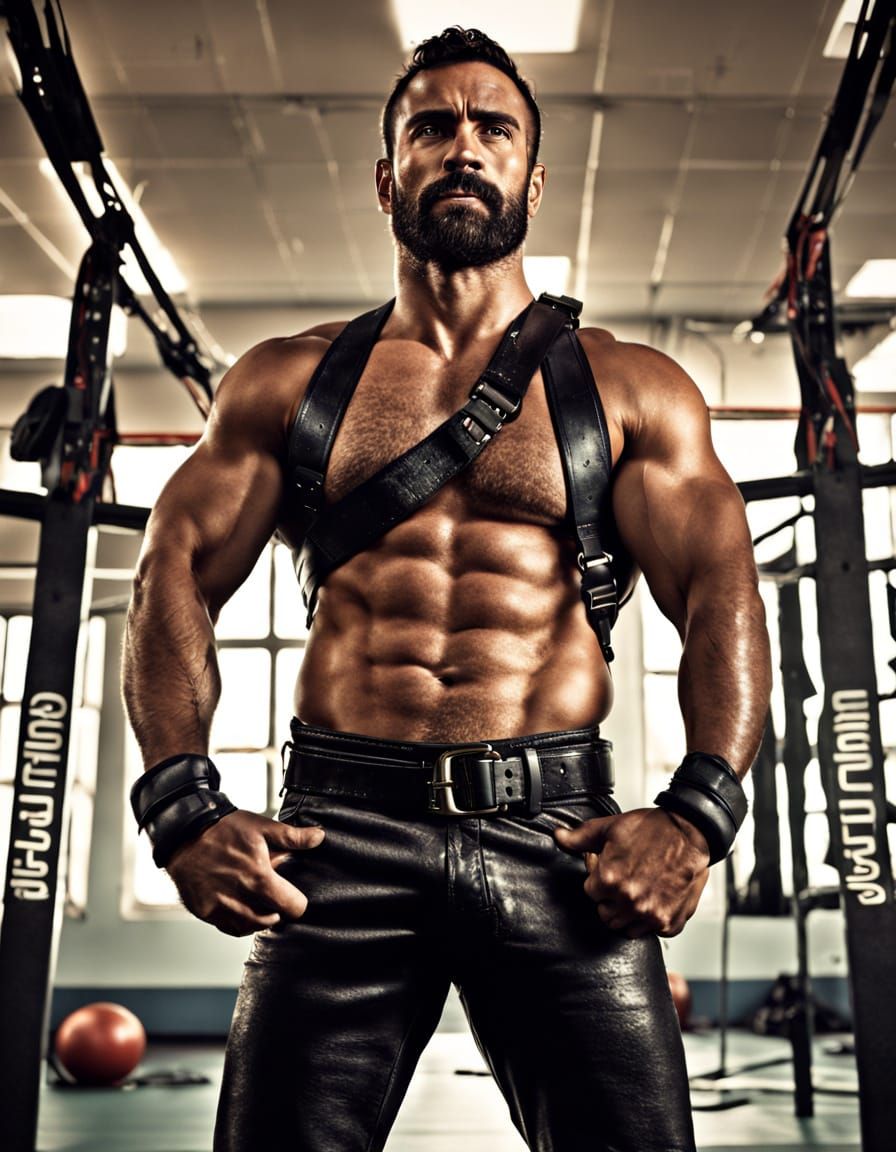 Muscular Brazilian Man in Leather Harness and Pants