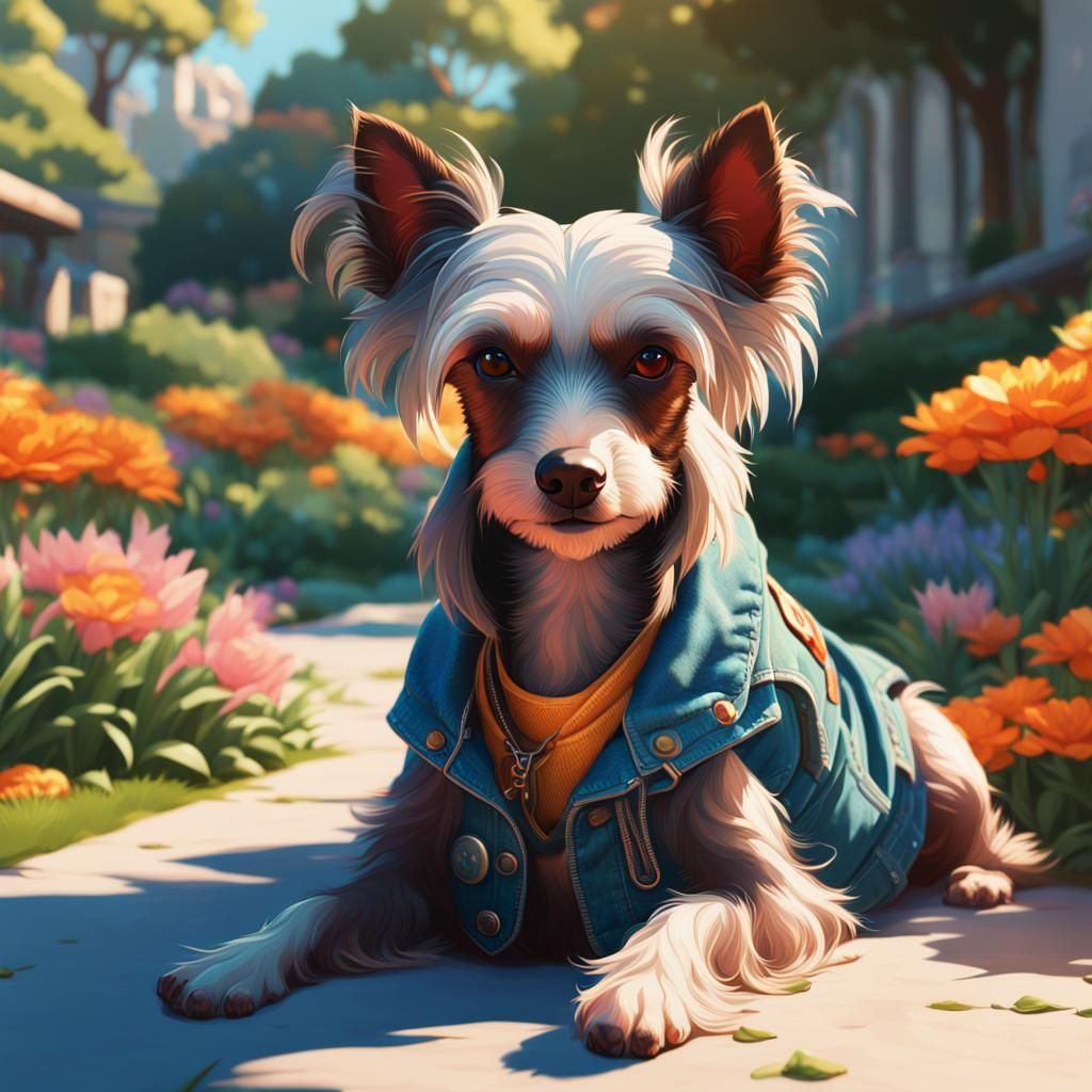 Dog in Jean Jacket, Alphonse Mucha Style