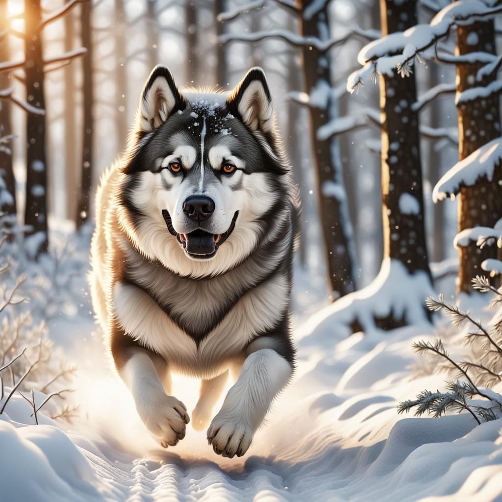 Malamute Romps in Snowy Wilderness in Realistic Wildlife Pho...