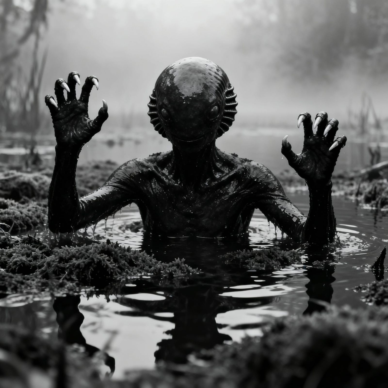 Black Creature Rises From Dark Swamp Lagoon
