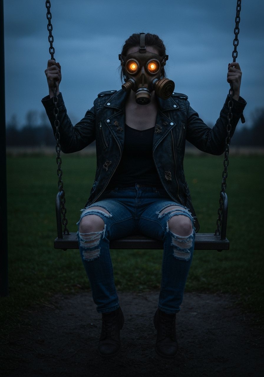 Steampunk Woman on Park Swing at Dusk