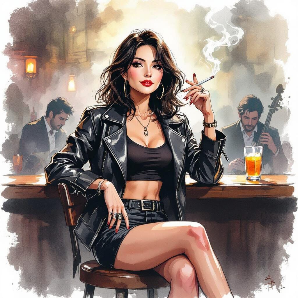 Stylish Woman in Smoky Bar, Ink and Watercolor