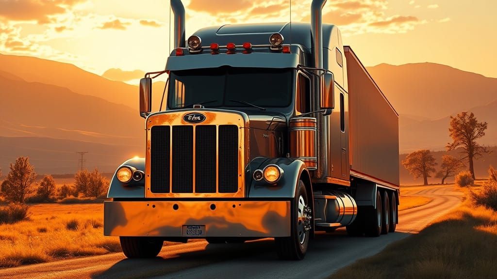 Serene Semi-Truck in Golden Sunset, in Photorealistic Style