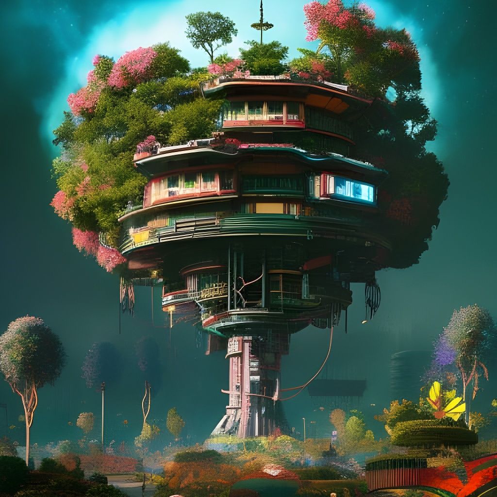 Cyberpunk Rosebush Treehouse with Dragons