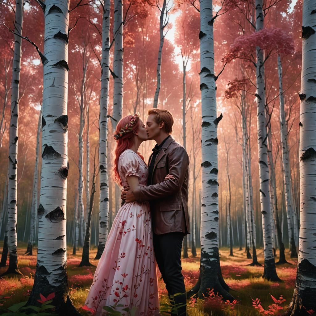 Finnish Couple's Midsummer Kiss in Birch Forest