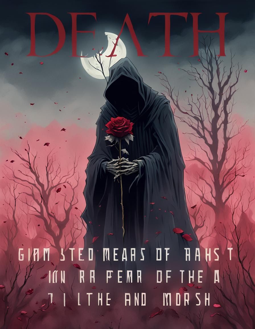 Grim Reaper in Desolate Landscape with Withered Rose