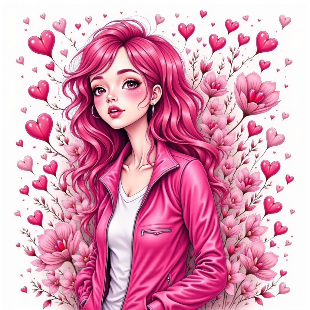 Woman Spreading Love in Whimsical Pink Style