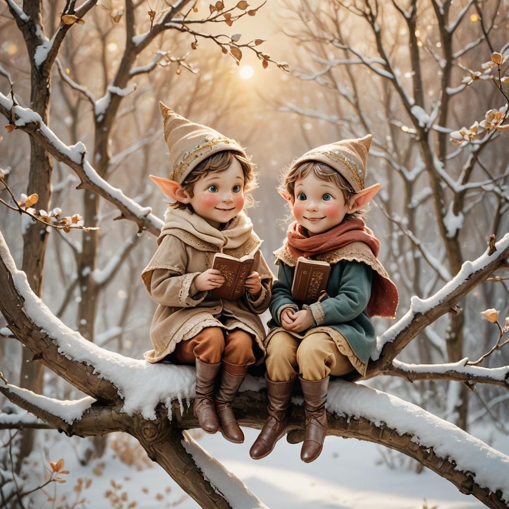 Elf Children in Enchanted Winter Forest