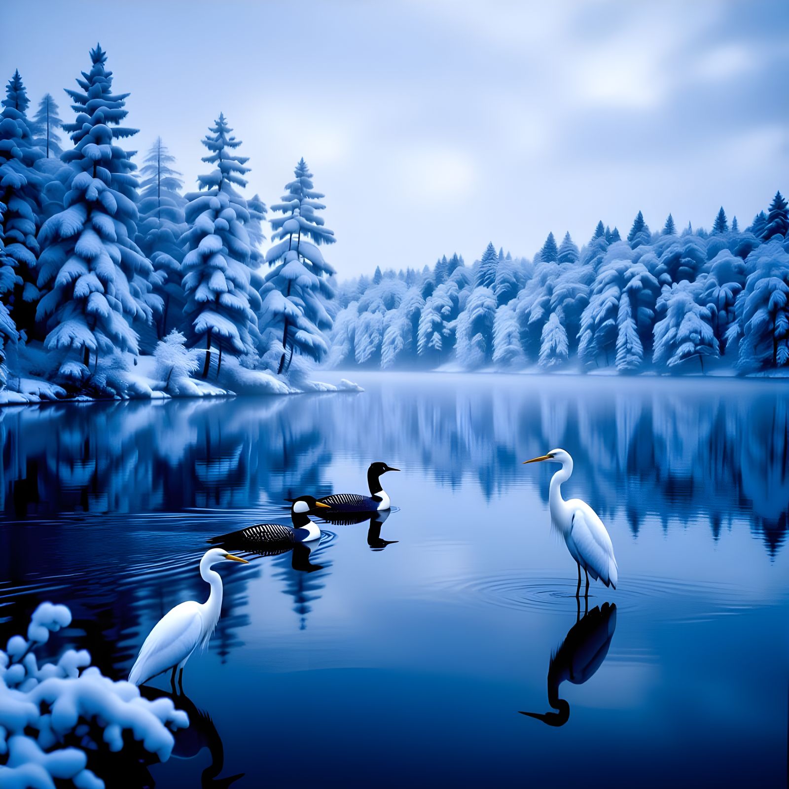 Infrared Forest and Mirrored Lake with Birds