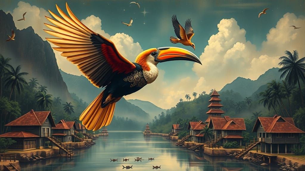 Hornbill Soaring Above Kalimantan, Mural Style