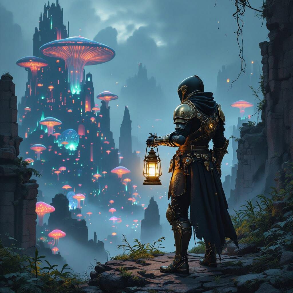Steampunk Knight Overlooks Bioluminescent Forest