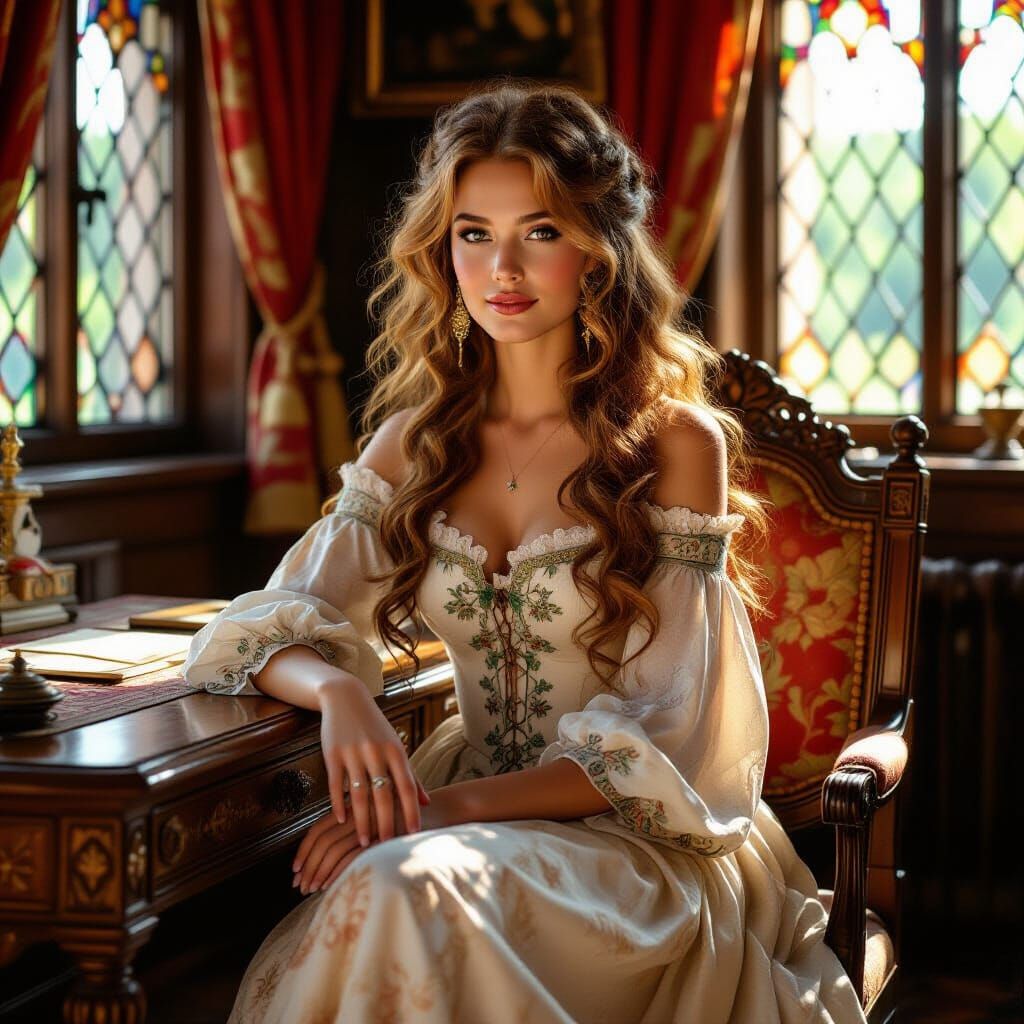 Renaissance Woman in Sunlit Castle Parlour