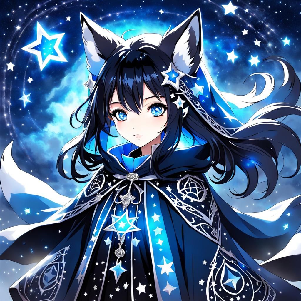 Fox Anime Girl with Starry Cloak in Enchanted Sky