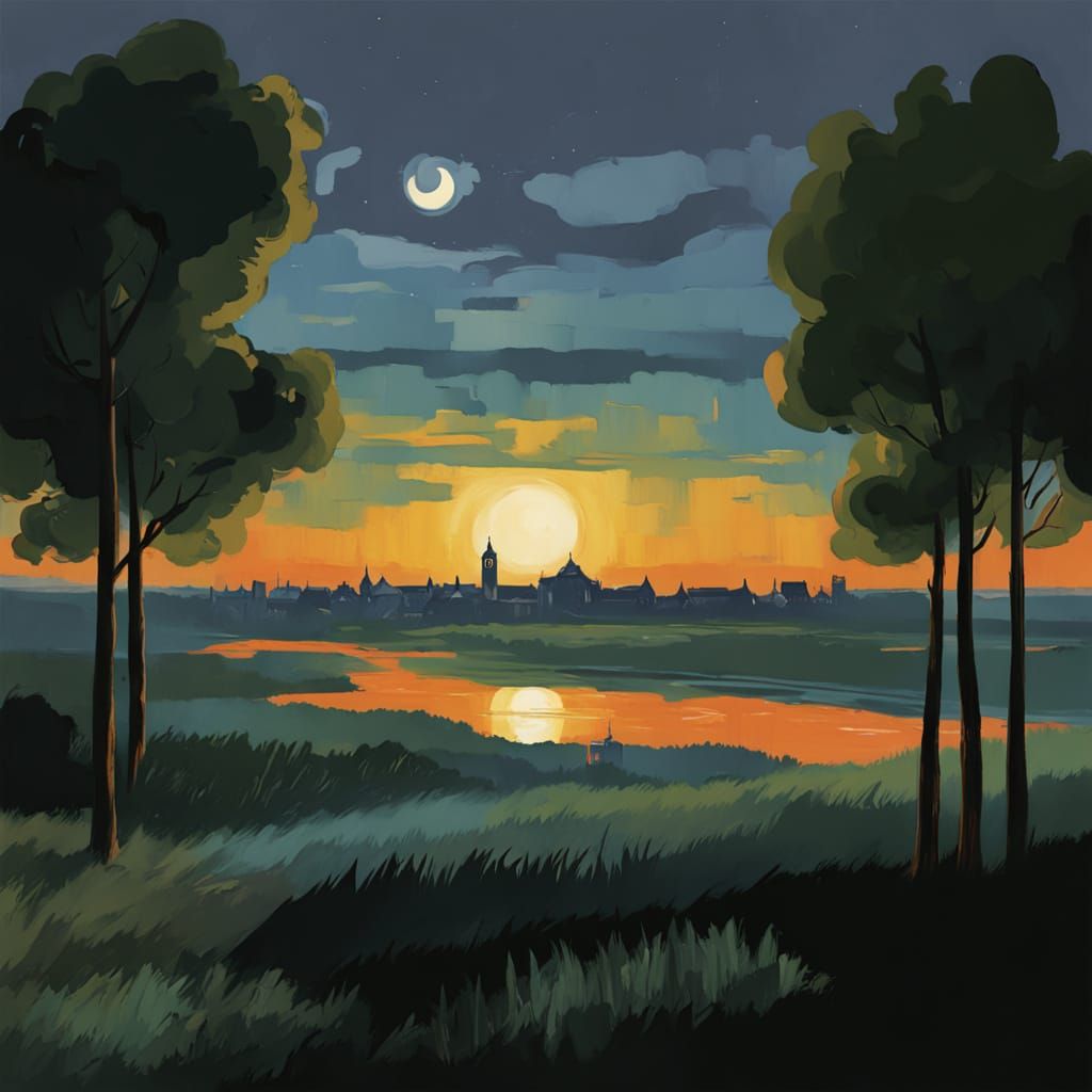 Moon Over City in Impressionistic Style