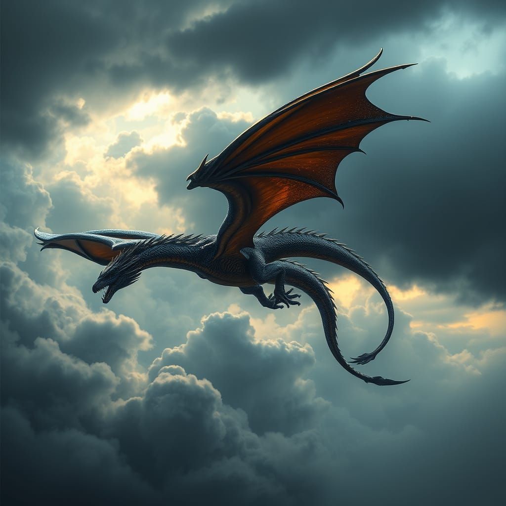 Majestic Dragon Soars Through Stormy Skies in a Vibrant, Hig...