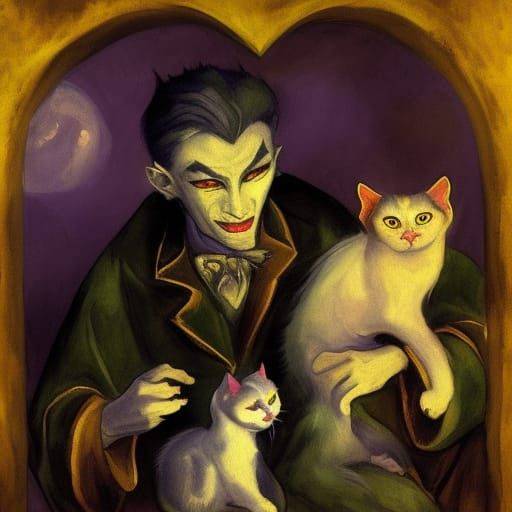Vampire Lord with Oriental Cats: Dark Fantasy Art