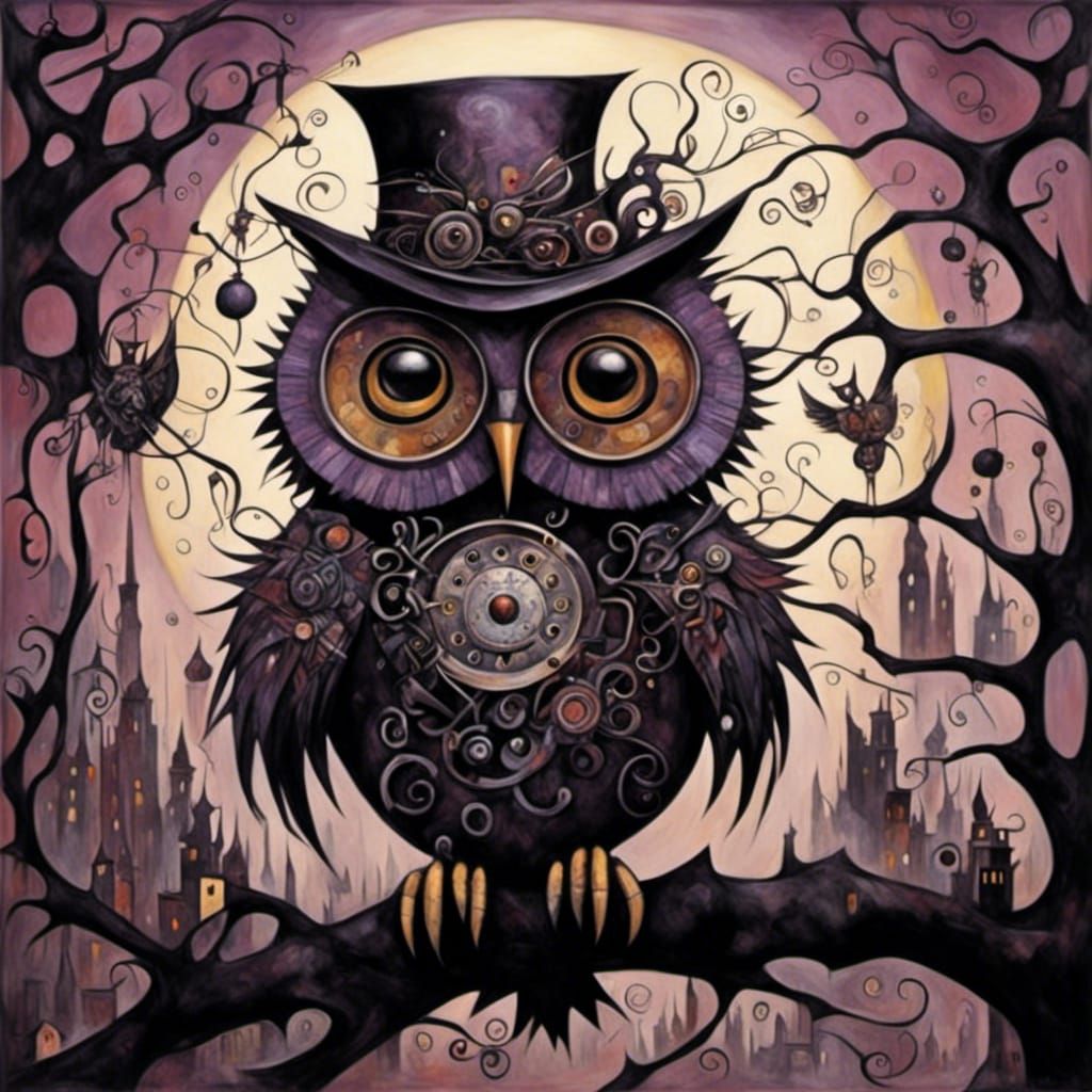 Purple Steampunk Owl on Leafy Tree