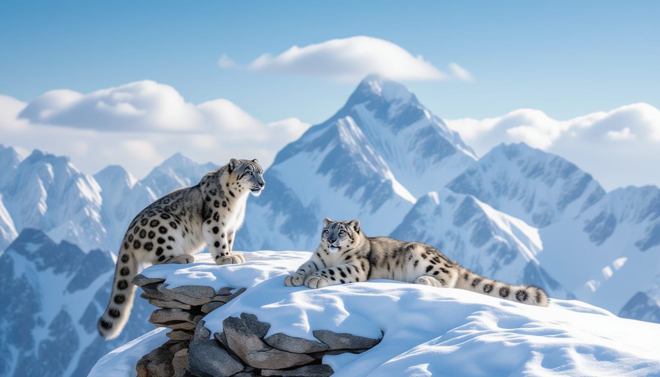 Snow Leopards on Mountain Shelf Under Bright Sun