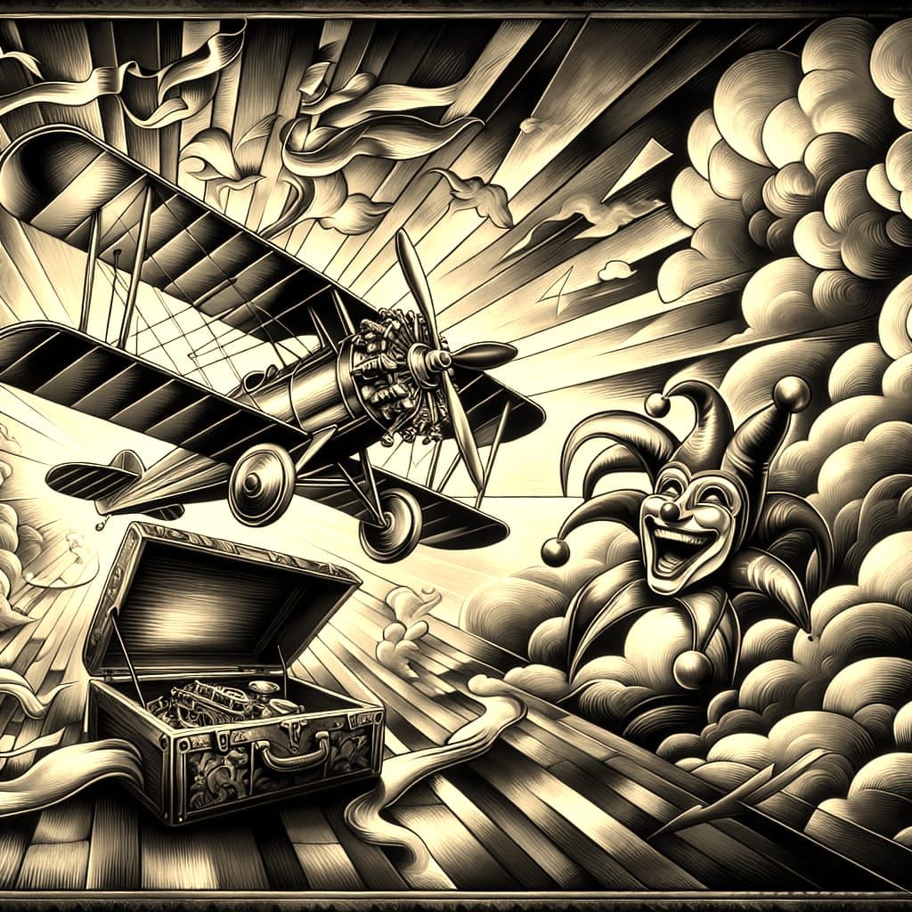 Antique Biplane Soaring in Lively Lithograph Scene