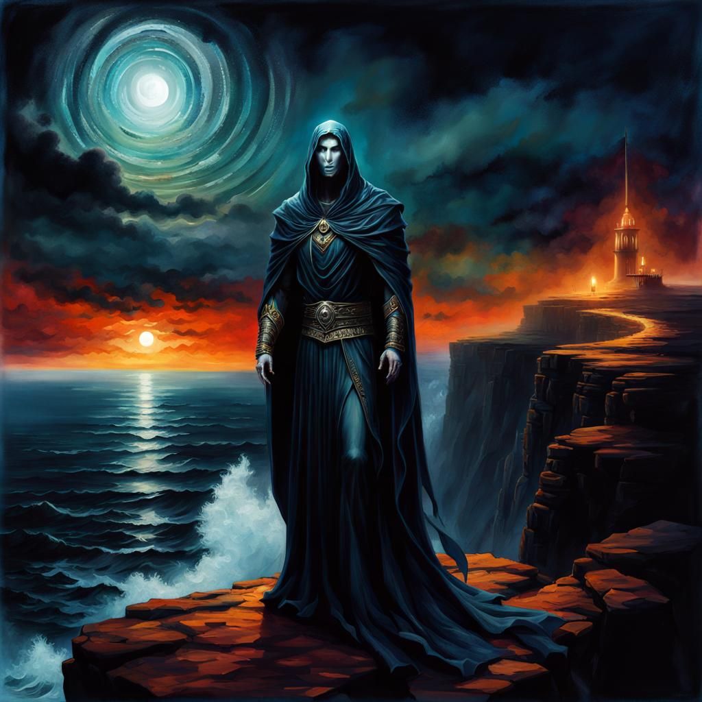 Ethereal Specter Ghost Overlooking the Ocean as Watercolor