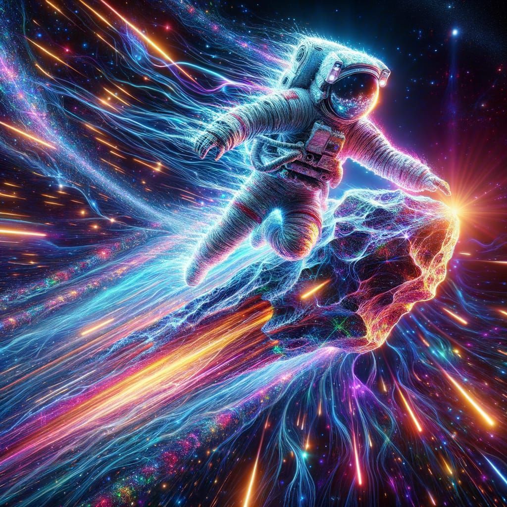 Psychedelic Laser Astronaut on Luminescent Meteor