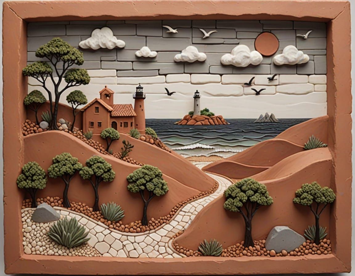 Miniature Clay Diorama of Coastal Landscape